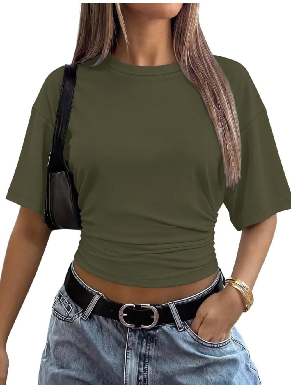 〽️Women Army Green Trendy Batwing Short Sleeve Ruched Waist Slim Fitted T Shirt